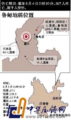 8月3日，救援人員在云南魯?shù)榭h地震現(xiàn)場救援。該地發(fā)生6.5級地震，為14年來最大震級。新華社發(fā)